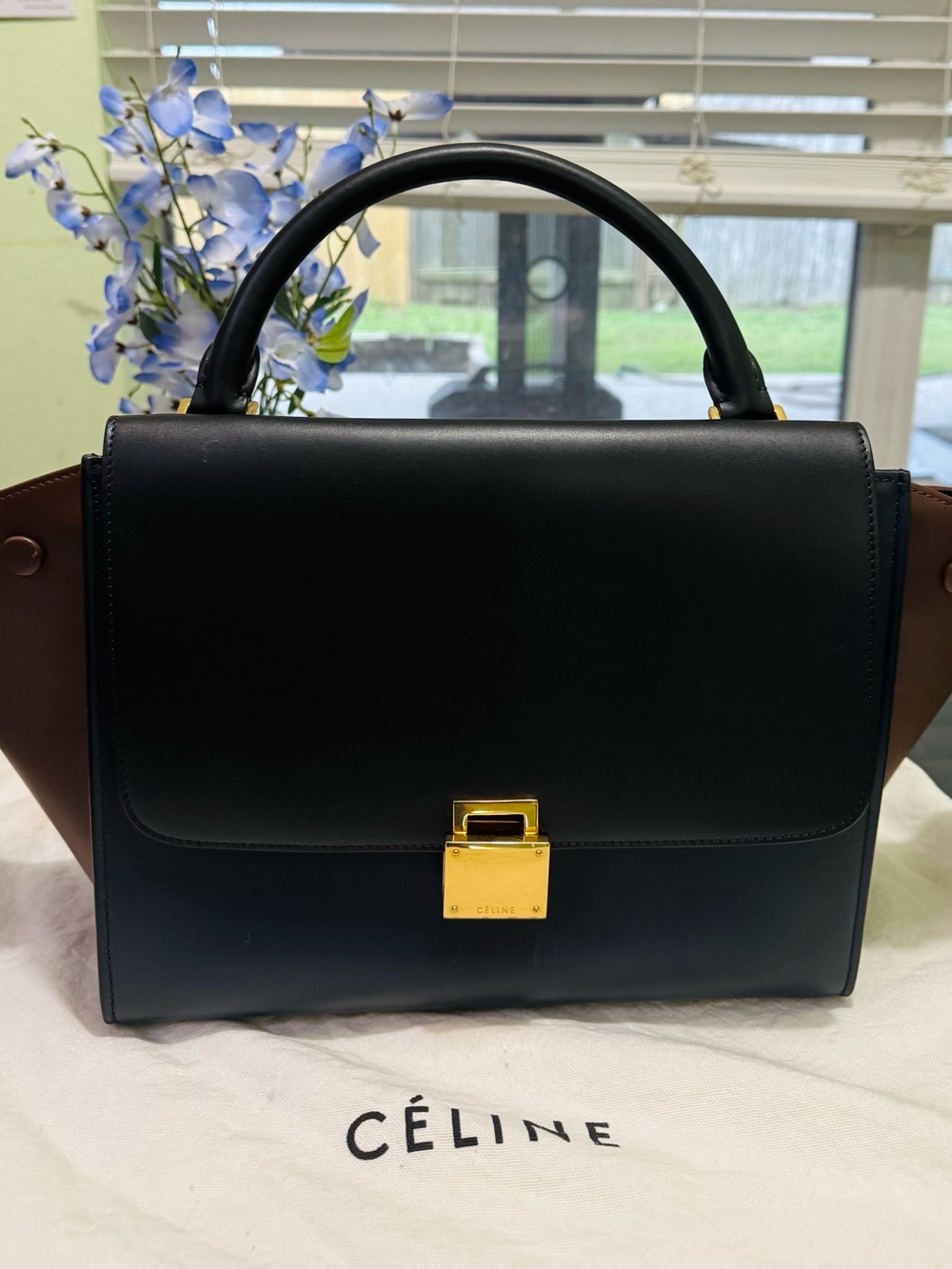 Celine Black and Brown Leather Top-Handle Satchel with Gold Hardware - Picture 1 of 8